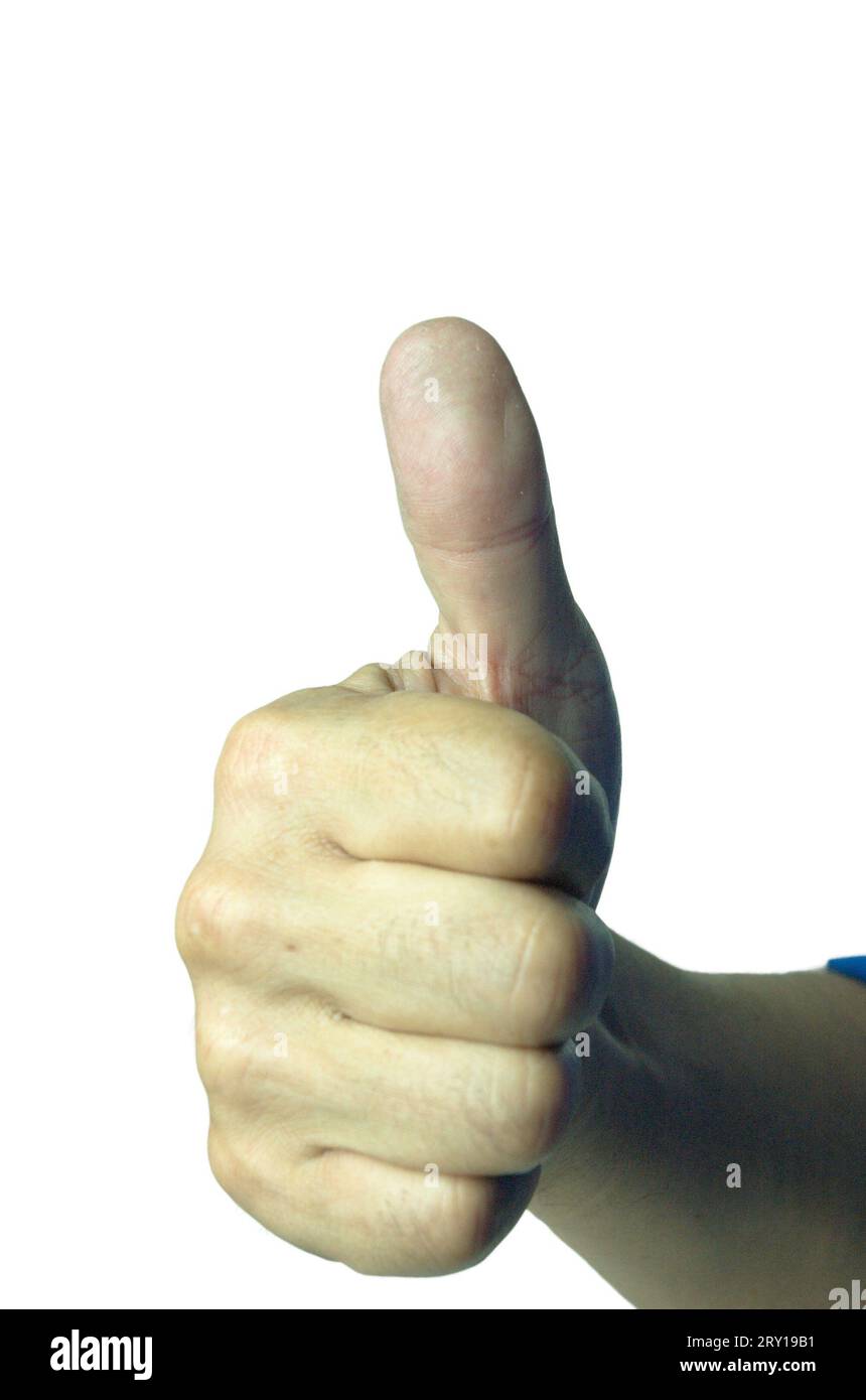 Mano uomini asiatici con pollice su uno sfondo bianco isolato. Vista frontale Foto Stock