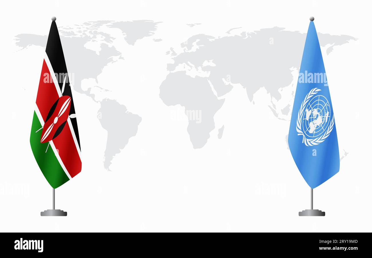 Kenya e Nazioni Unite bandiere per un incontro ufficiale sullo sfondo della mappa mondiale. Illustrazione Vettoriale