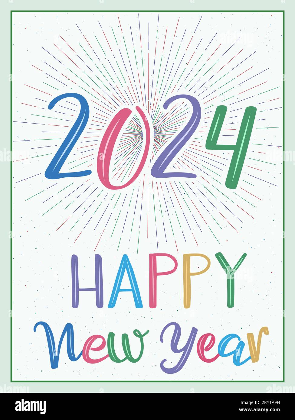 Biglietto d'auguri per l'anno nuovo. 2024 su uno sfondo di fuochi d'artificio colorati. Calligrafia moderna a pennello scritta a mano. Saluto di Capodanno. Illustrazione Vettoriale