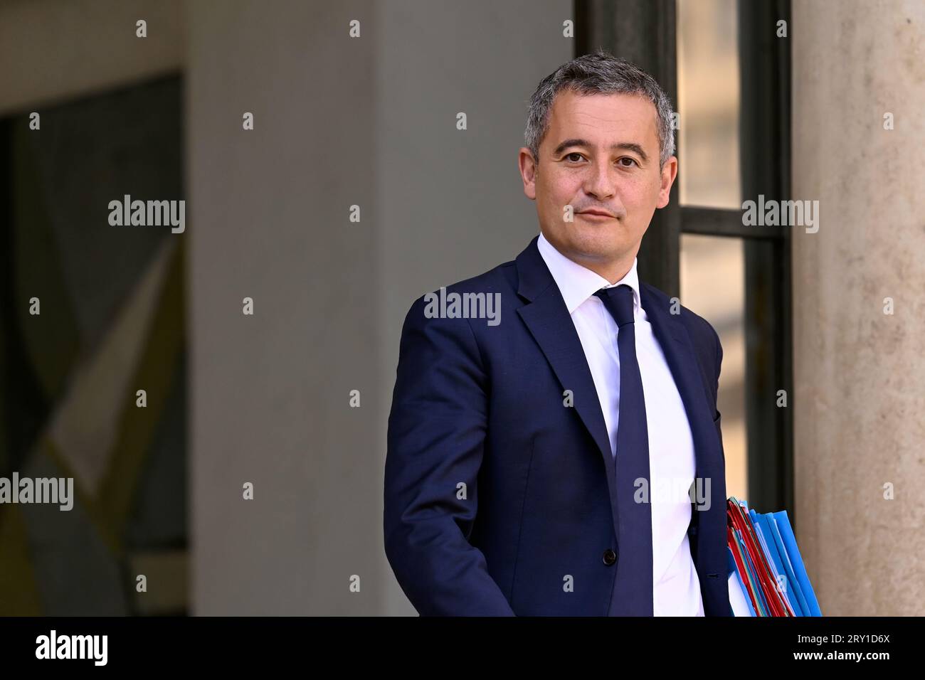 Julien Mattia / le Pictorium - al termine della riunione del Consiglio dei ministri del 27 settembre 2023. - 27/09/2023 - Francia / Ile-de-France (regione) / Parigi - il ministro dell'interno e d'oltremare della Francia, Gerald Darmanin, in uscita dal Consiglio dei ministri, all'Elysee, 27 settembre 2023 credito: LE PICTORIUM/Alamy Live News Foto Stock