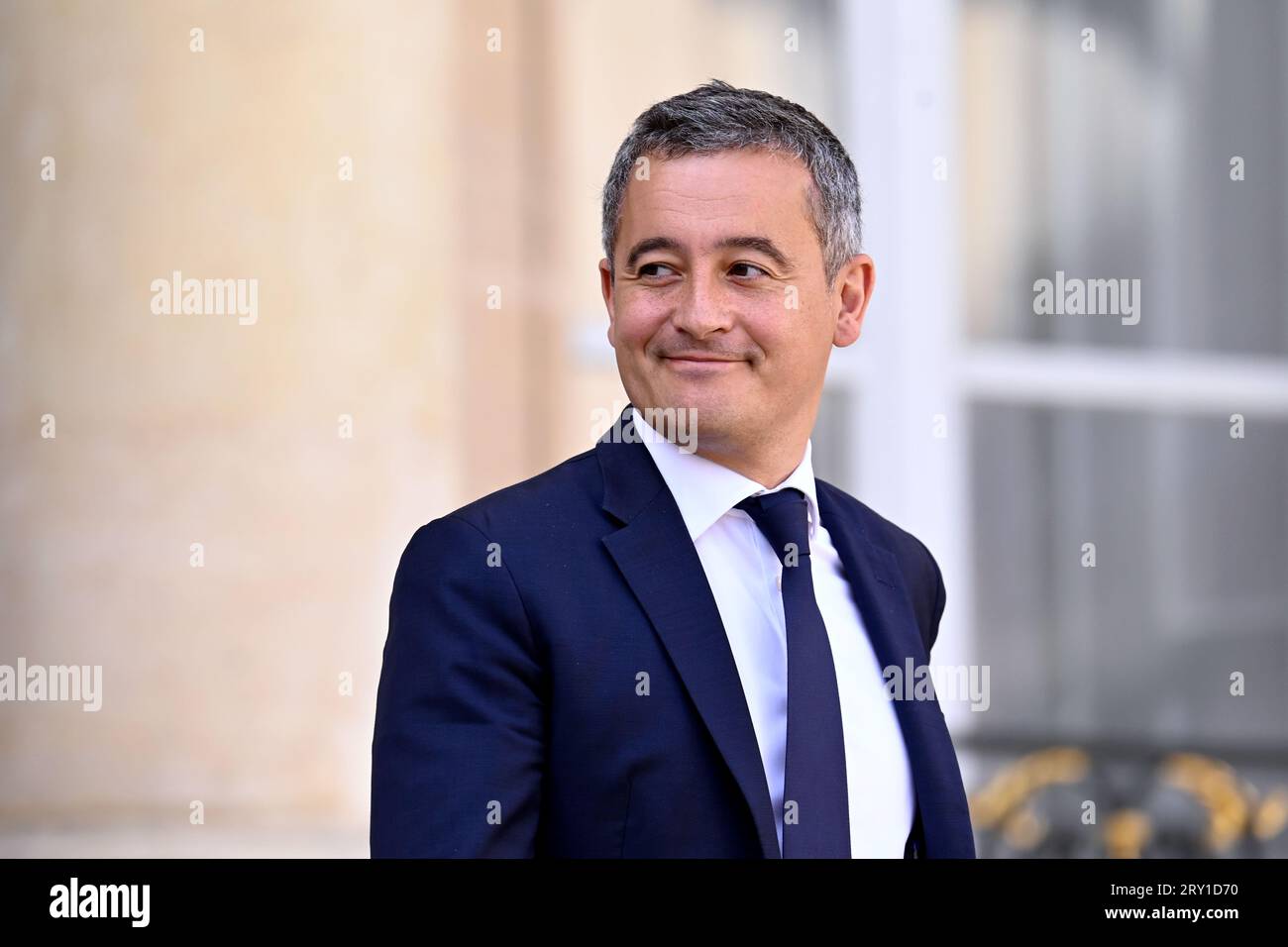 Julien Mattia / le Pictorium - al termine della riunione del Consiglio dei ministri del 27 settembre 2023. - 27/09/2023 - Francia / Ile-de-France (regione) / Parigi - il ministro dell'interno e d'oltremare della Francia, Gerald Darmanin, in uscita dal Consiglio dei ministri, all'Elysee, 27 settembre 2023 credito: LE PICTORIUM/Alamy Live News Foto Stock