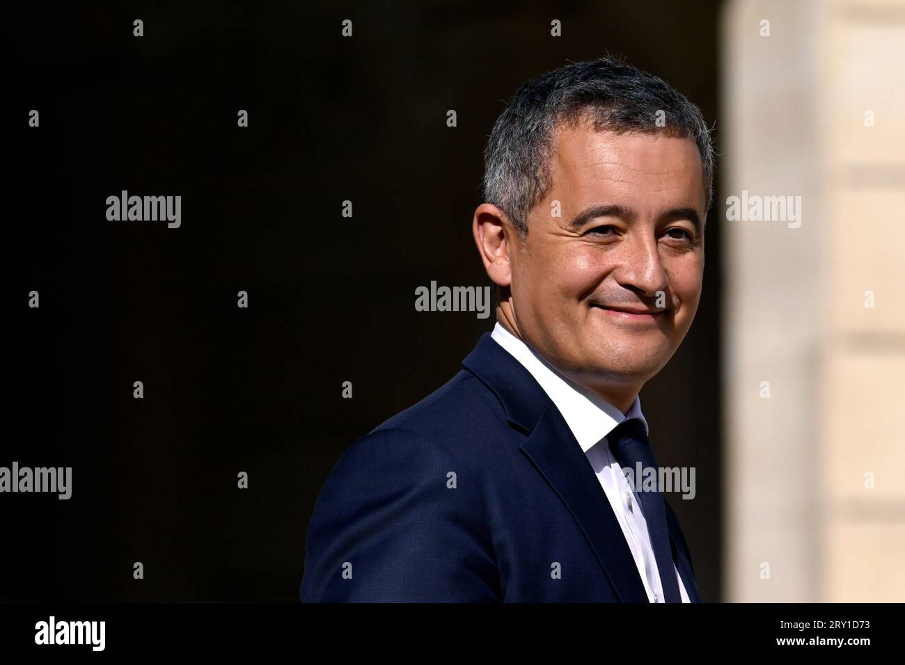 Julien Mattia / le Pictorium - al termine della riunione del Consiglio dei ministri del 27 settembre 2023. - 27/09/2023 - Francia / Ile-de-France (regione) / Parigi - il ministro dell'interno e d'oltremare della Francia, Gerald Darmanin, in uscita dal Consiglio dei ministri, all'Elysee, 27 settembre 2023 credito: LE PICTORIUM/Alamy Live News Foto Stock