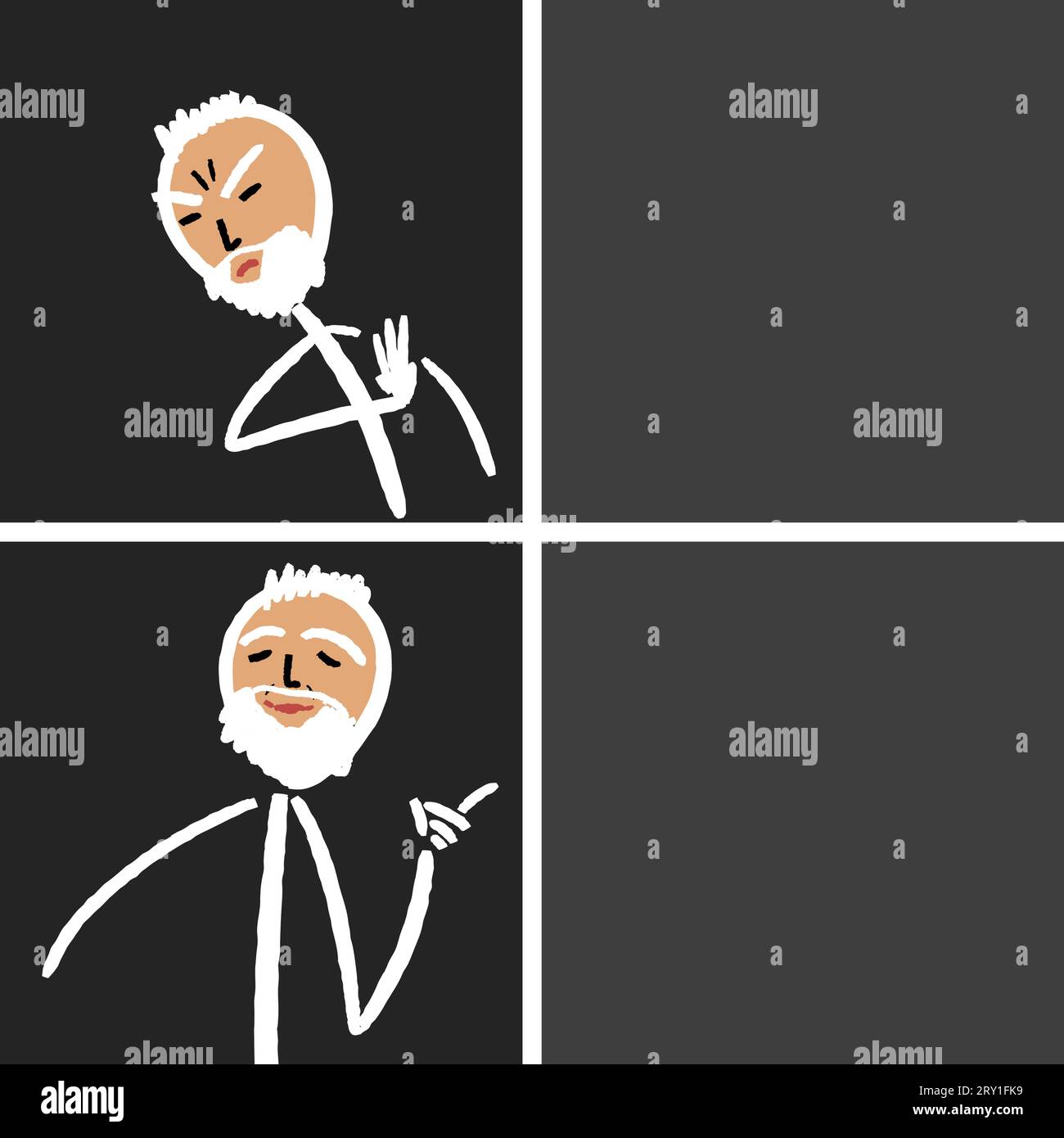 Modello meme di reazione con reazione negativa e positiva. Divertente meme senior con spazio vuoto per l'editing. Illustrazione Vettoriale