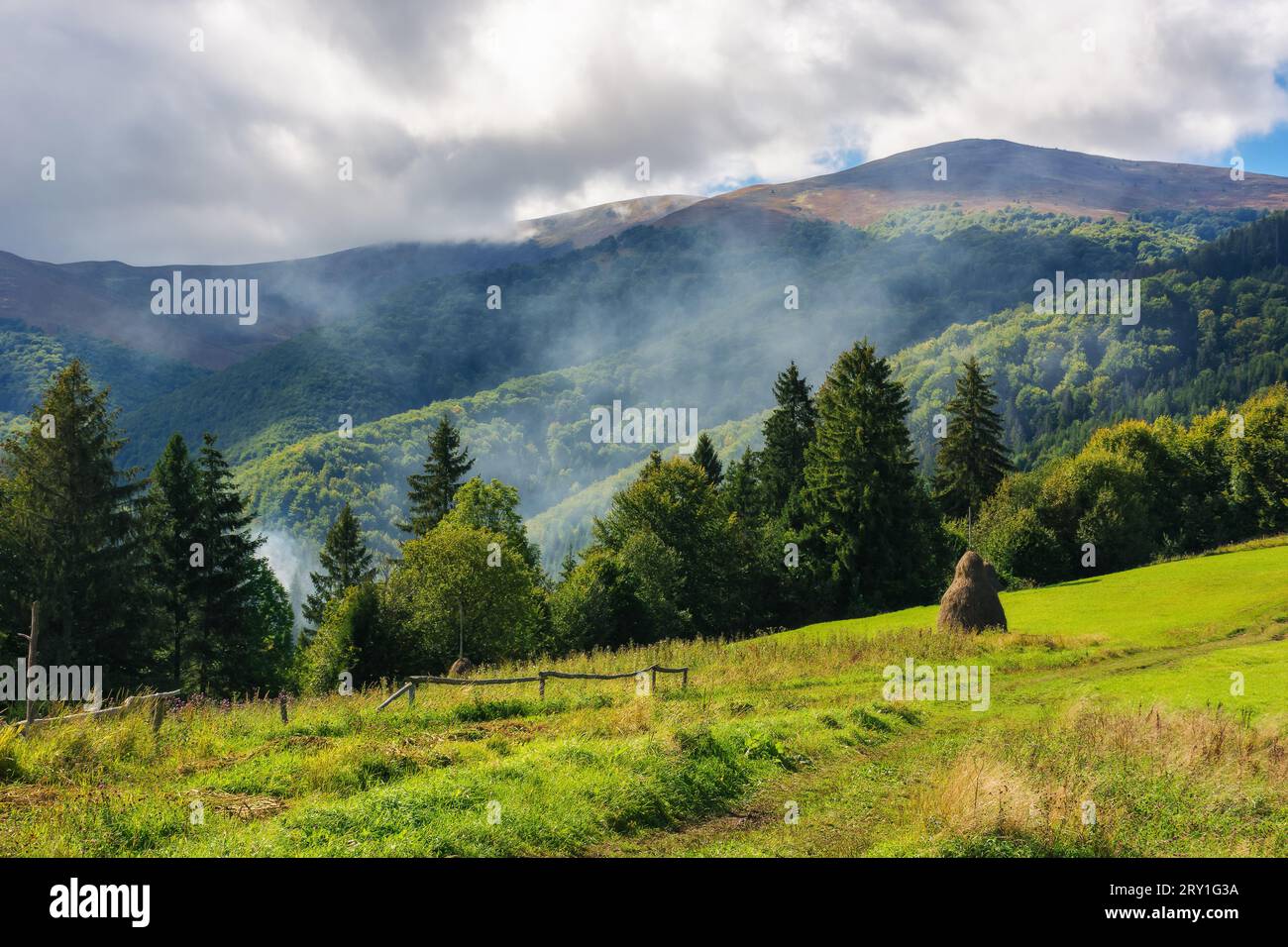 splendido paesaggio di campagna montuoso in autunno. colline, pendii boscosi e panorami aperti in fumo. concetto di turismo rurale Foto Stock