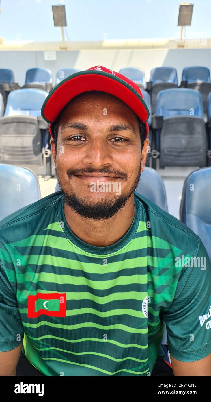 I giocatori delle Maldive al T20 World Cup Sub Regional Asia Qualifier maschile ICC Una partita contro l'Arabia Saudita allo stadio West End di Doha giovedì. Foto Stock