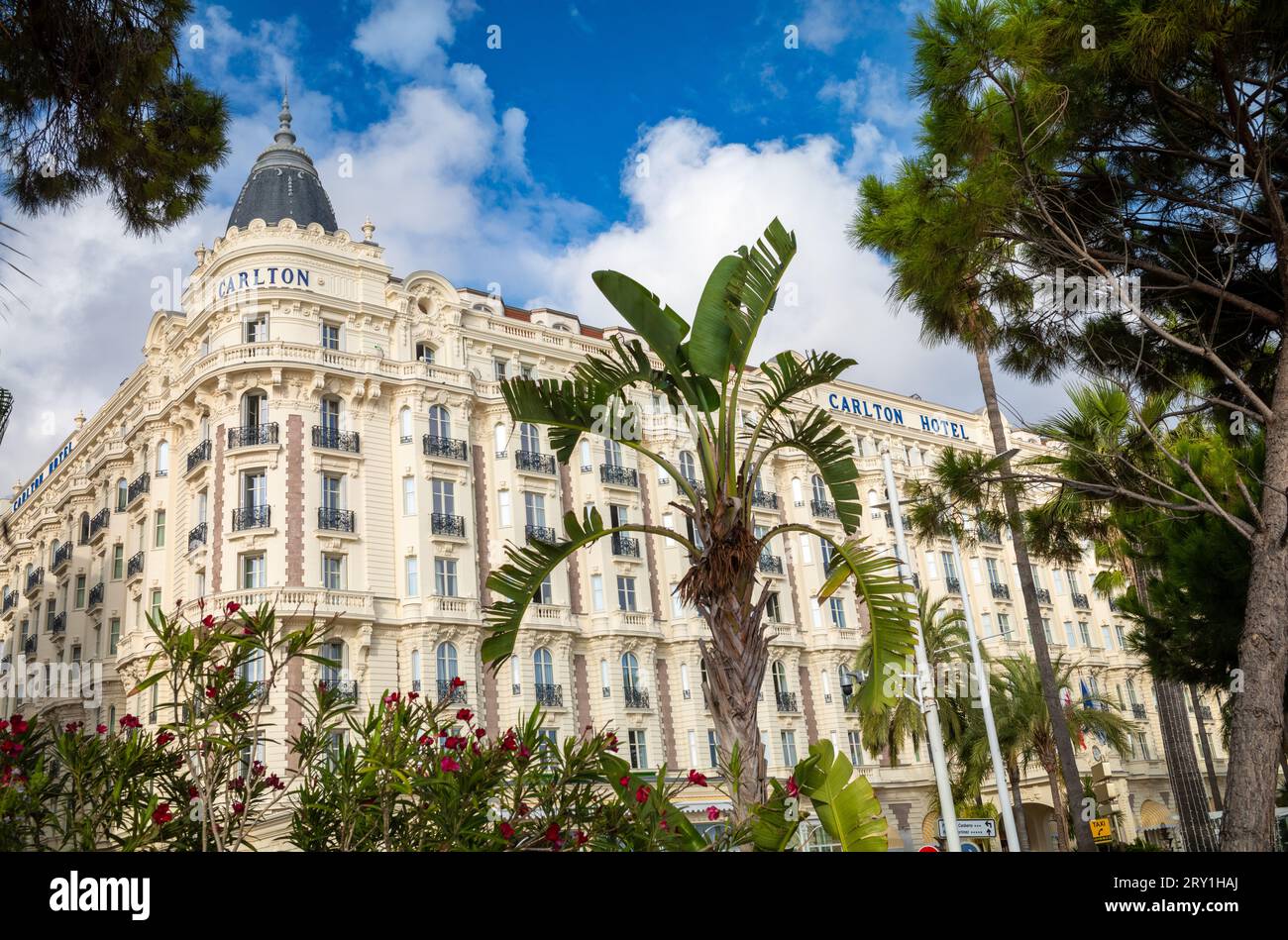 Il lussuoso Carlton Hotel si trova sul Boulevard de la Croisette, direttamente di fronte al Mar Mediterraneo, a Cannes, Francia. Uno dei più iconici Foto Stock