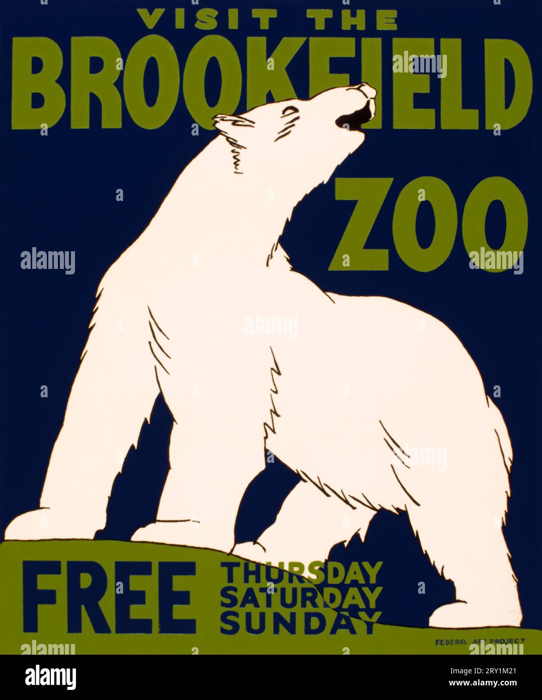 Visita lo zoo di Brookfield, poster della WPA, 1936 visita lo zoo di Brookfield, gratuito giovedì, sabato e domenica. Poster per lo zoo di Brookfield, Chicago, Illinois, che mostra un orso polare. Foto Stock