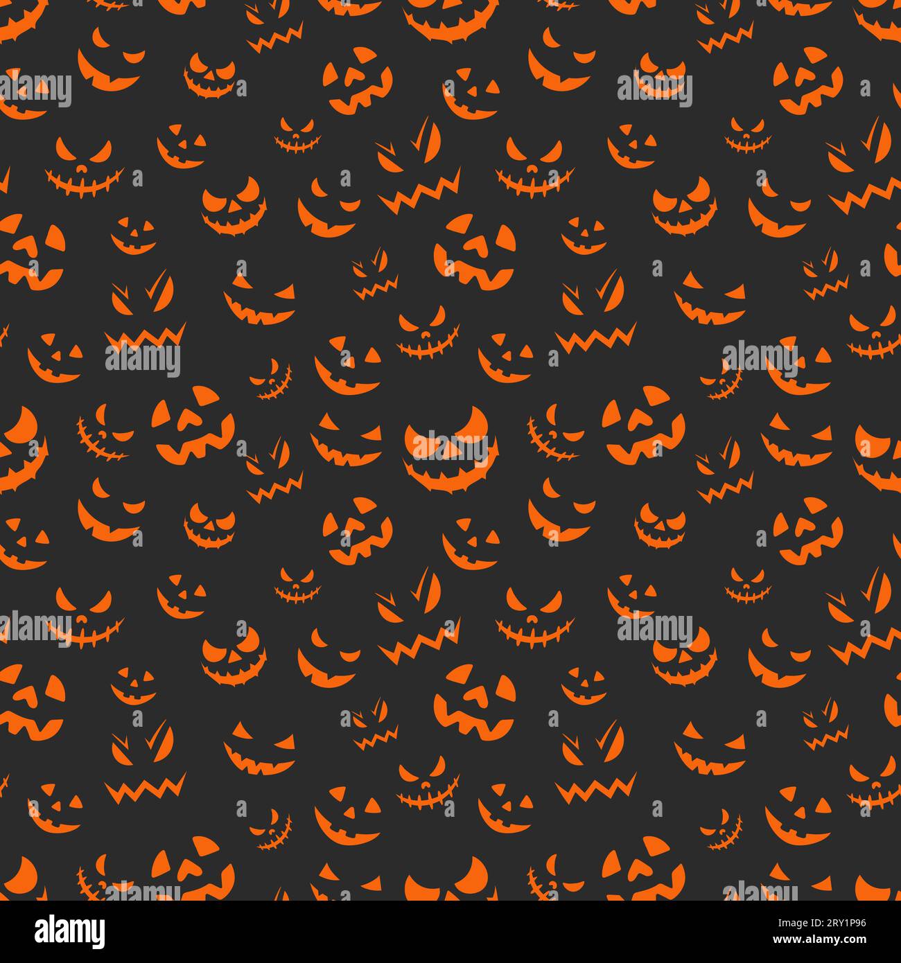 Felice Halloween con motivo senza cuciture con diversi volti spaventosi della zucca. facce fantasma spaventose dei cartoni animati Illustrazione Vettoriale