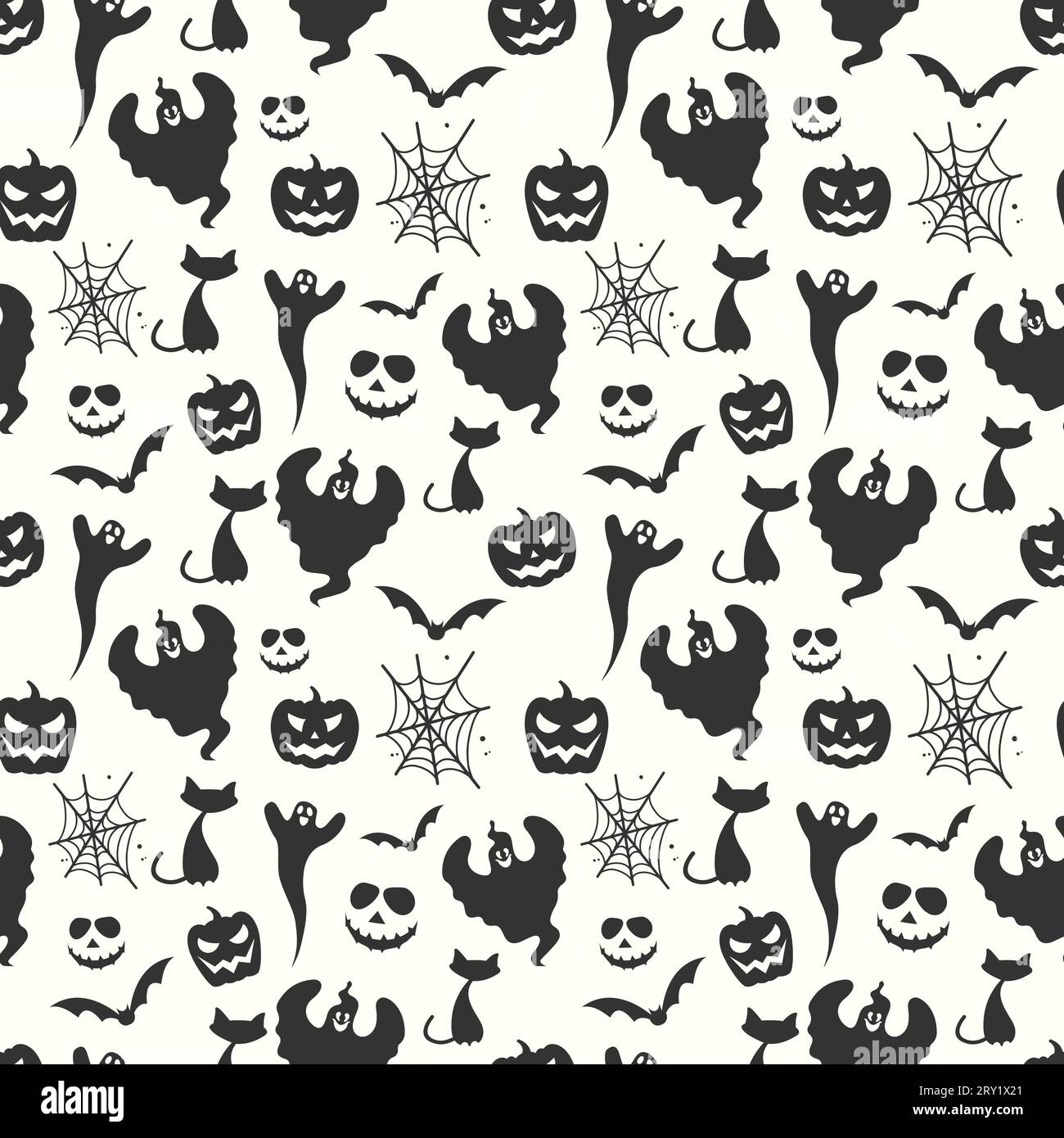 Sfondo in bianco e nero senza cuciture con fantasmi gatti pipipistrelli zucche e ragnatele Illustrazione Vettoriale