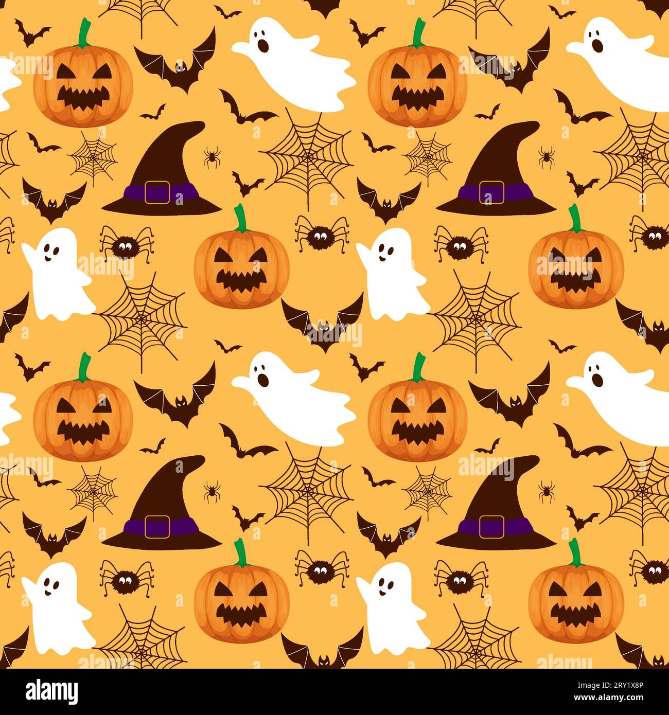 Sfondo motivo Halloween con illustrazione di zucca e cappelli da strega Illustrazione Vettoriale