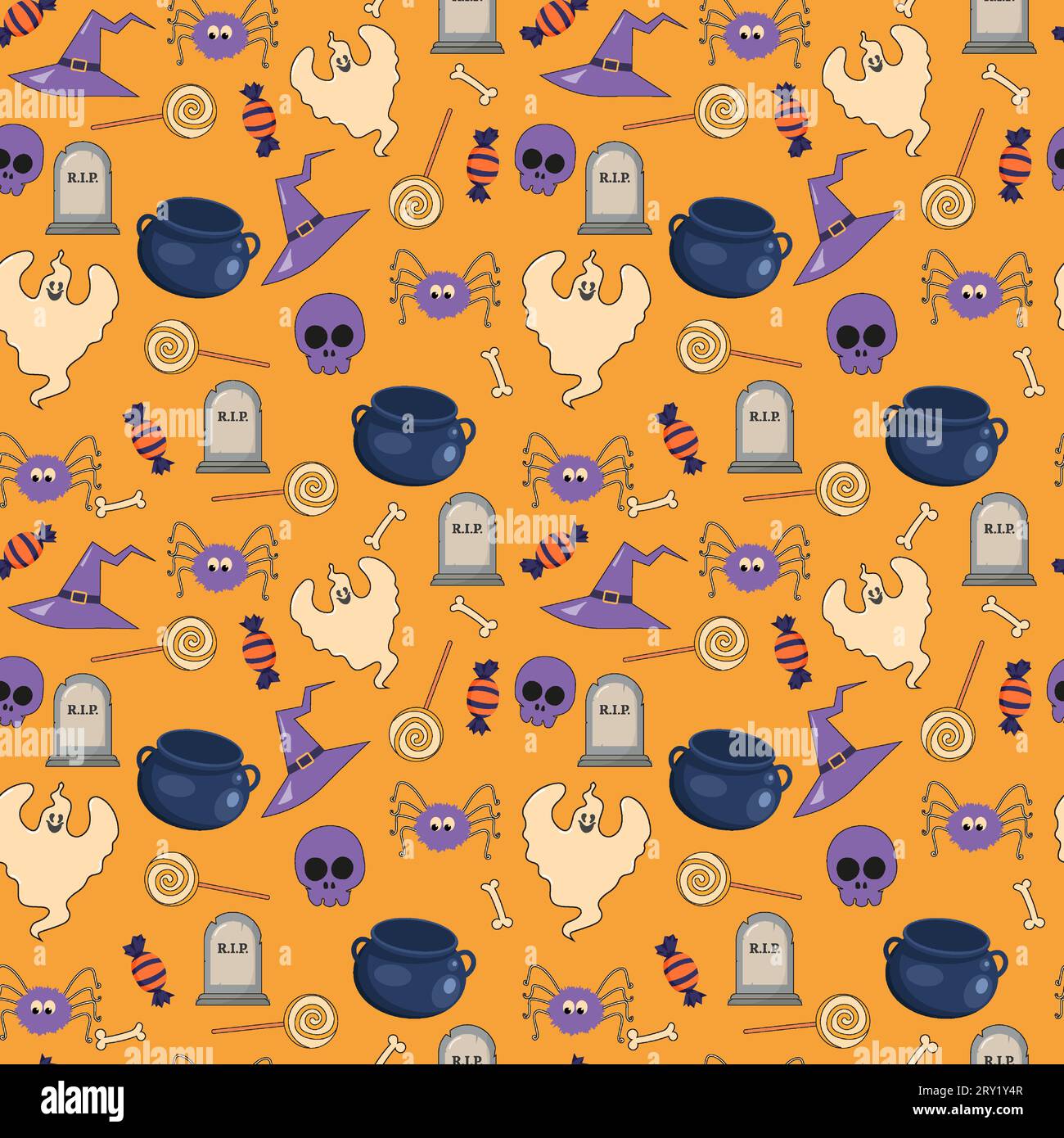 Illustrazione del motivo di Halloween con caramelle fantasma di halloween e ragni Illustrazione Vettoriale