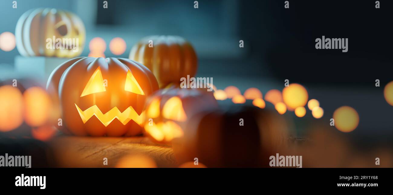 Autunno decorazioni di Halloween e lanterne di zucca su un pavimento di legno. 3D illustrazione Foto Stock