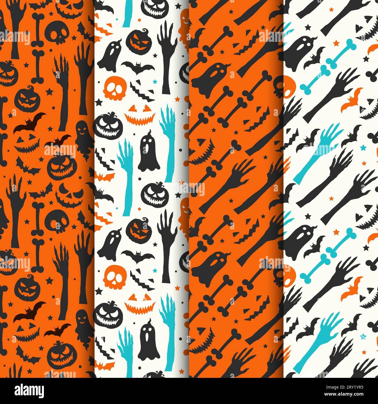 Collezione di motivi Halloween senza cuciture. Motivo Halloween con zucche pipistrelli volanti, volto spaventoso, fantasma e teschi Illustrazione Vettoriale