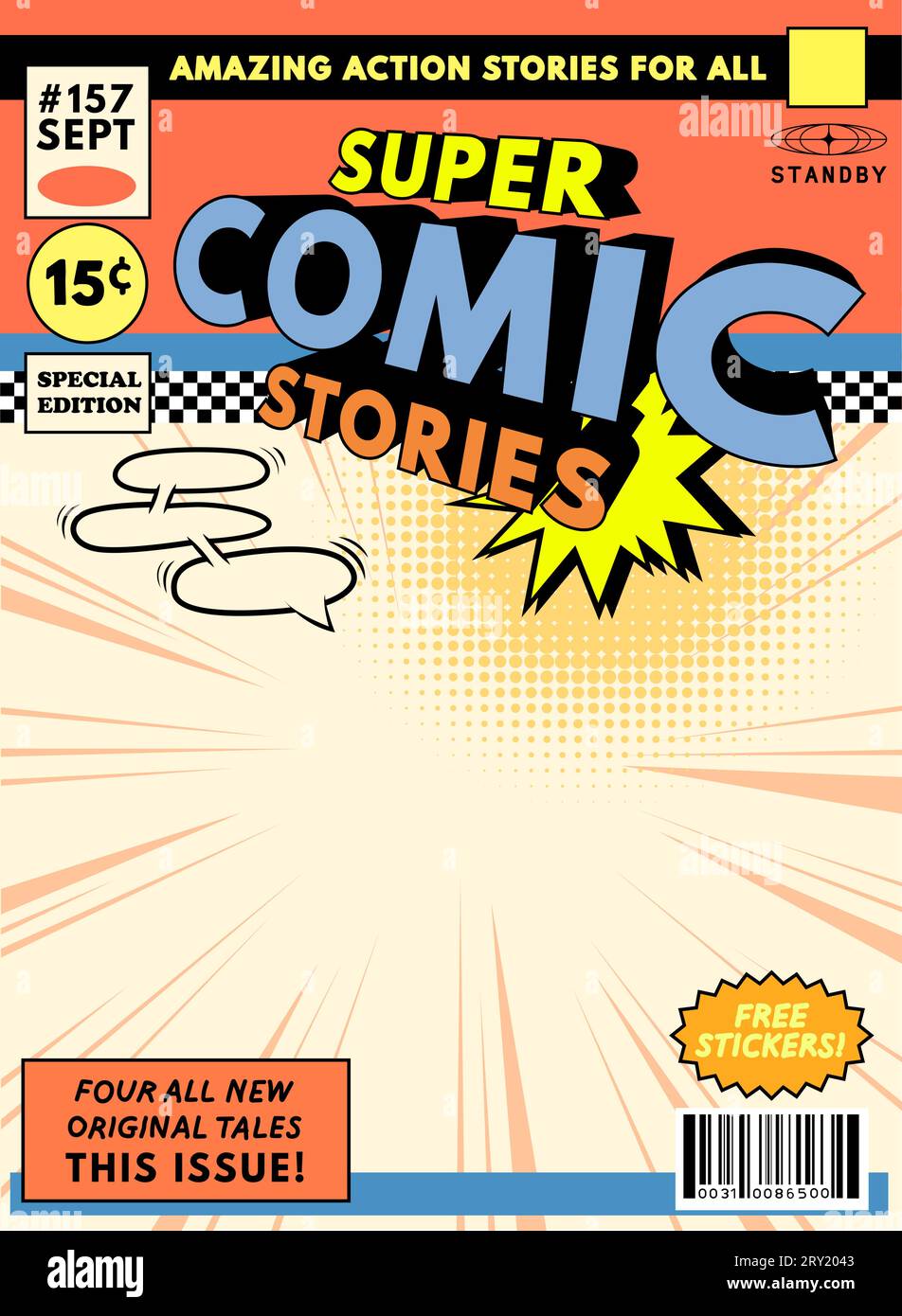 Un modello di copertina di una rivista a fumetti retrò. Illustrazione vettoriale. Illustrazione Vettoriale