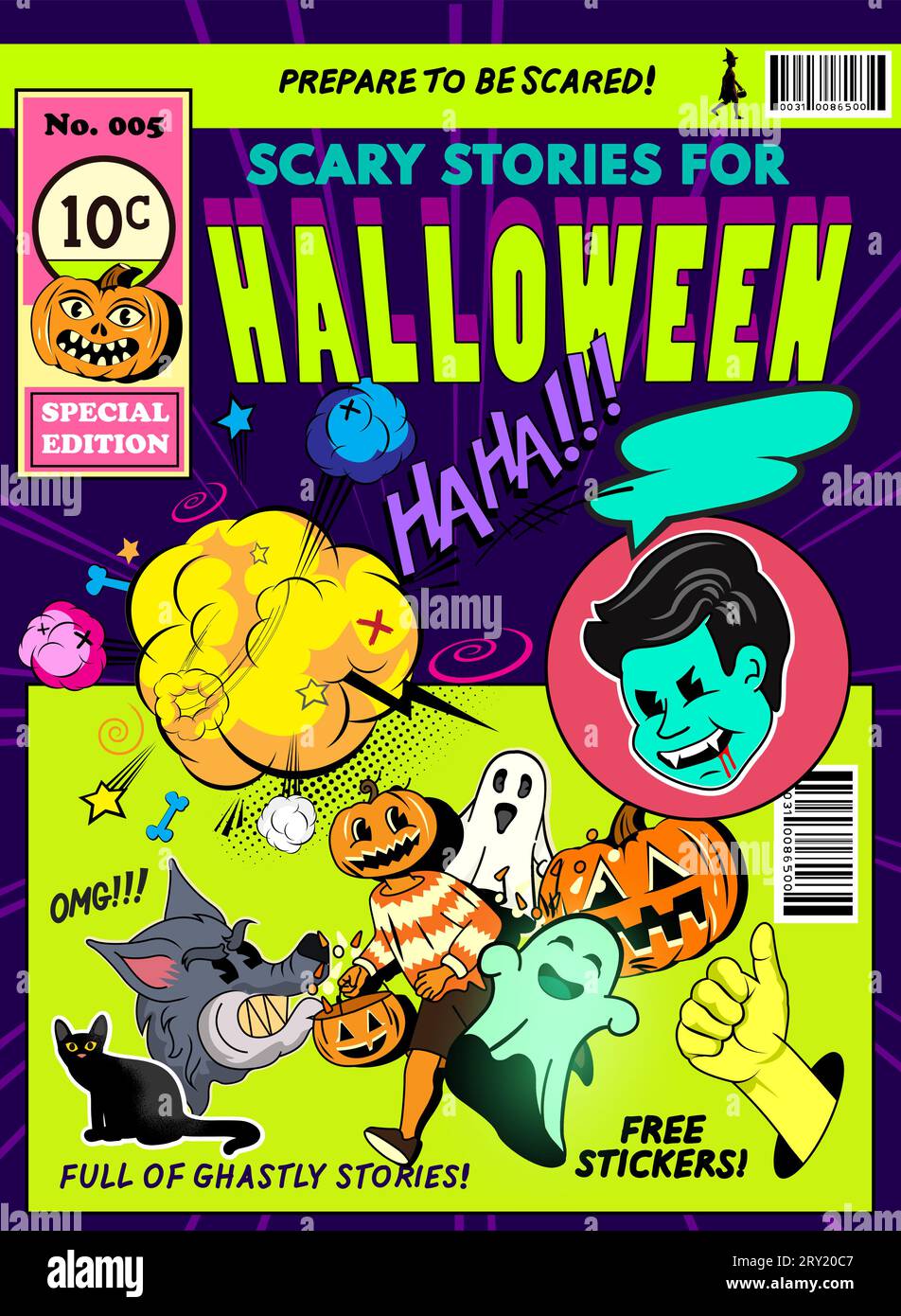 Uno spaventoso design retrò della copertina di halloween per riviste a fumetti. Illustrazione vettoriale Illustrazione Vettoriale