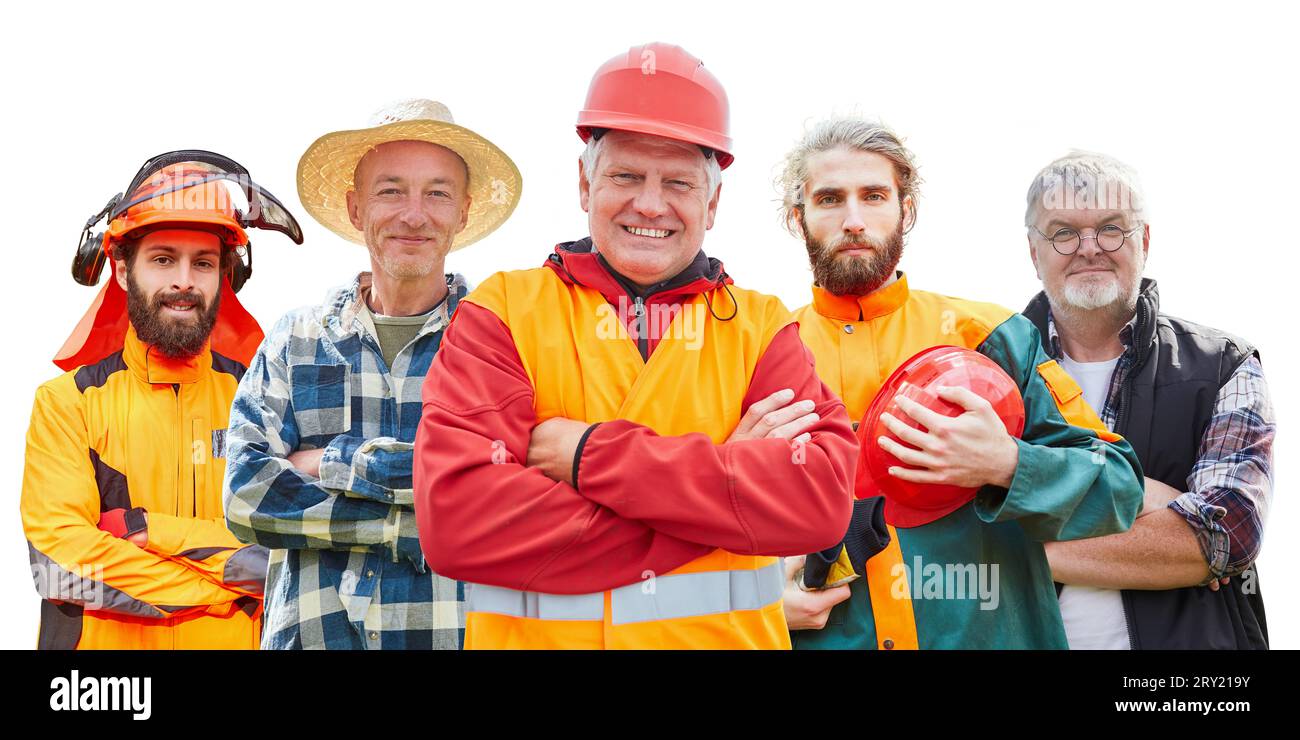 Gruppo di uomini provenienti da agricoltura, silvicoltura e costruzione di strade come concetto professionale all'aperto Foto Stock