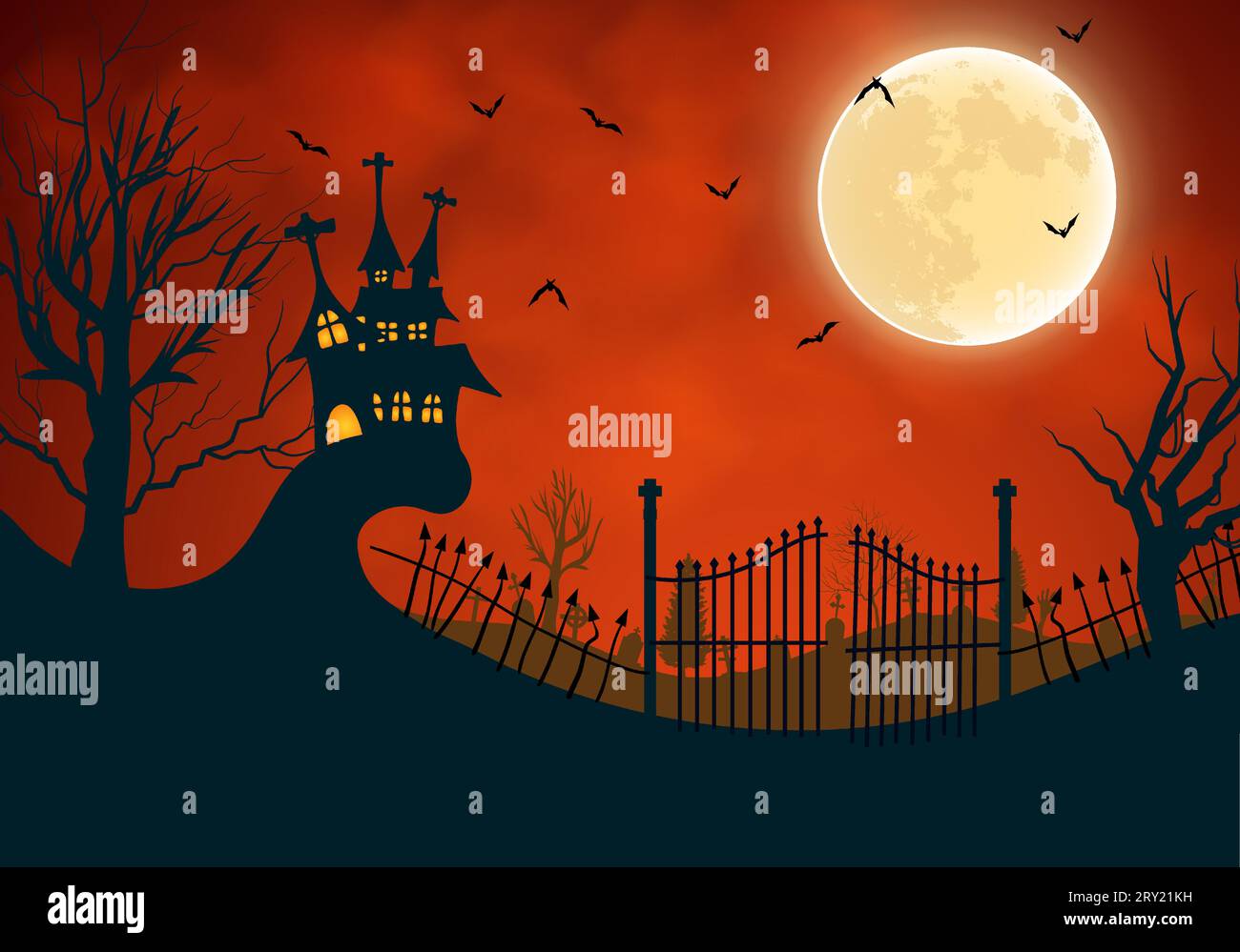 Illustrazione di sfondo di Halloween con vecchio cimitero con spettrale cielo nebbioso rosso e casa infestata Illustrazione Vettoriale
