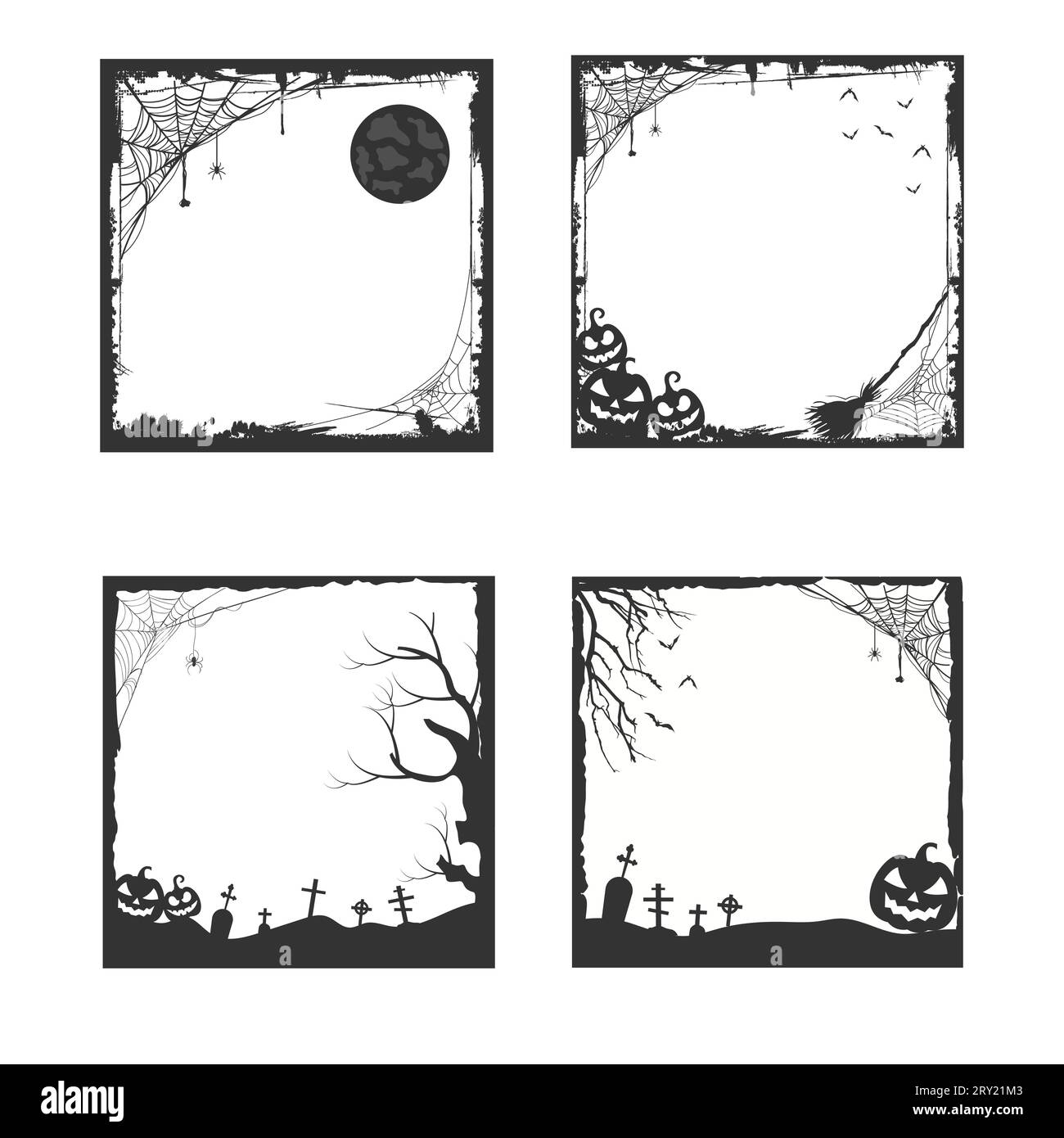 Illustrazione della cornice nera di Halloween con rete di ragno e sagome ad albero Illustrazione Vettoriale