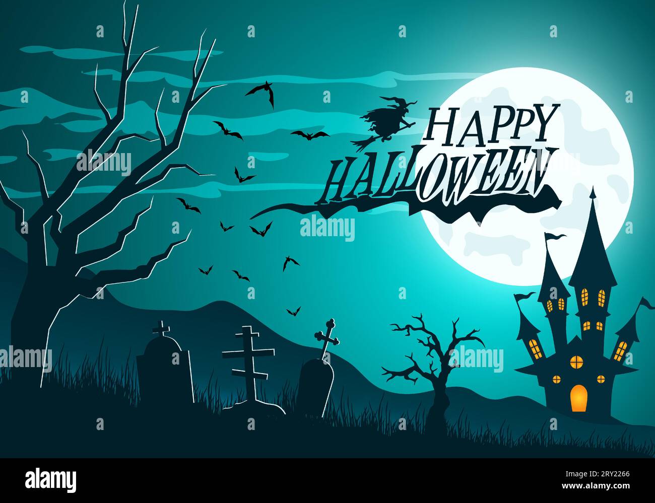 Striscione di buon halloween o invito alla festa illustrazione di sfondo con luna paesaggio e castello cacciato Illustrazione Vettoriale