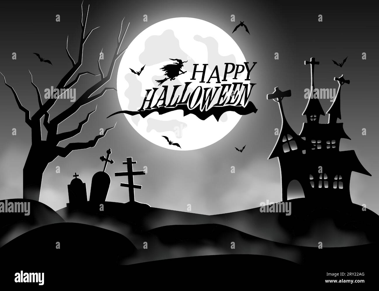 Sfondo bianco e nero di Halloween con nebbia brillante sul paesaggio e castello infestato da halloween con luna piena Illustrazione Vettoriale
