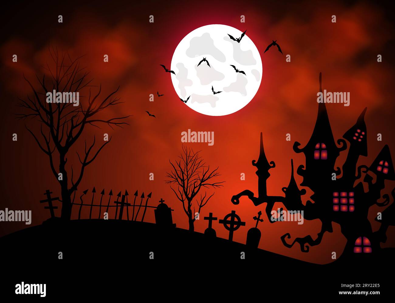 Sfondo spaventoso rosso scuro di Halloween con cimitero e casa sugli alberi infestata Illustrazione Vettoriale