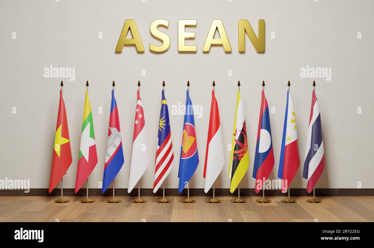 Flags of ASEAN, abbreviazione di Association of Southeast Asian Nations, è un'unione politica ed economica di 10 stati del sud-est asiatico Foto Stock