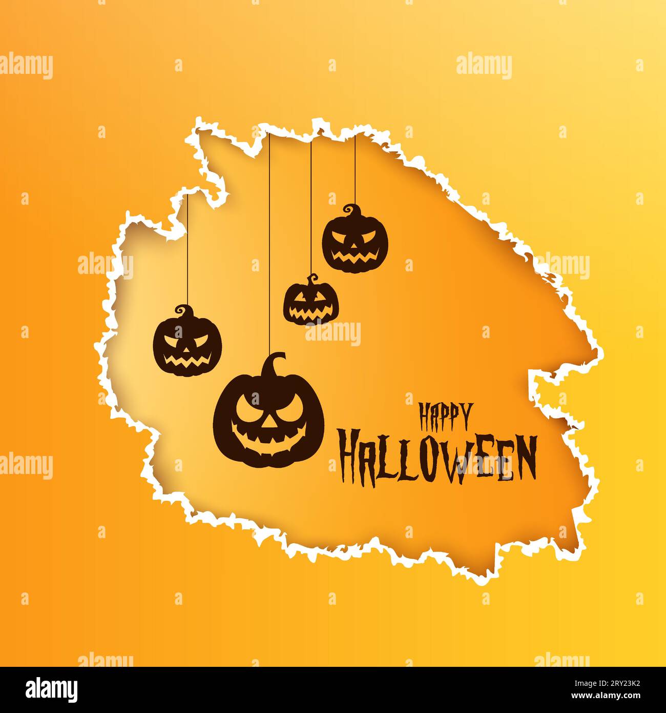 Carta di auguri halloween strappata sfondo con zucche appese con testo di auguri di halloween Illustrazione Vettoriale