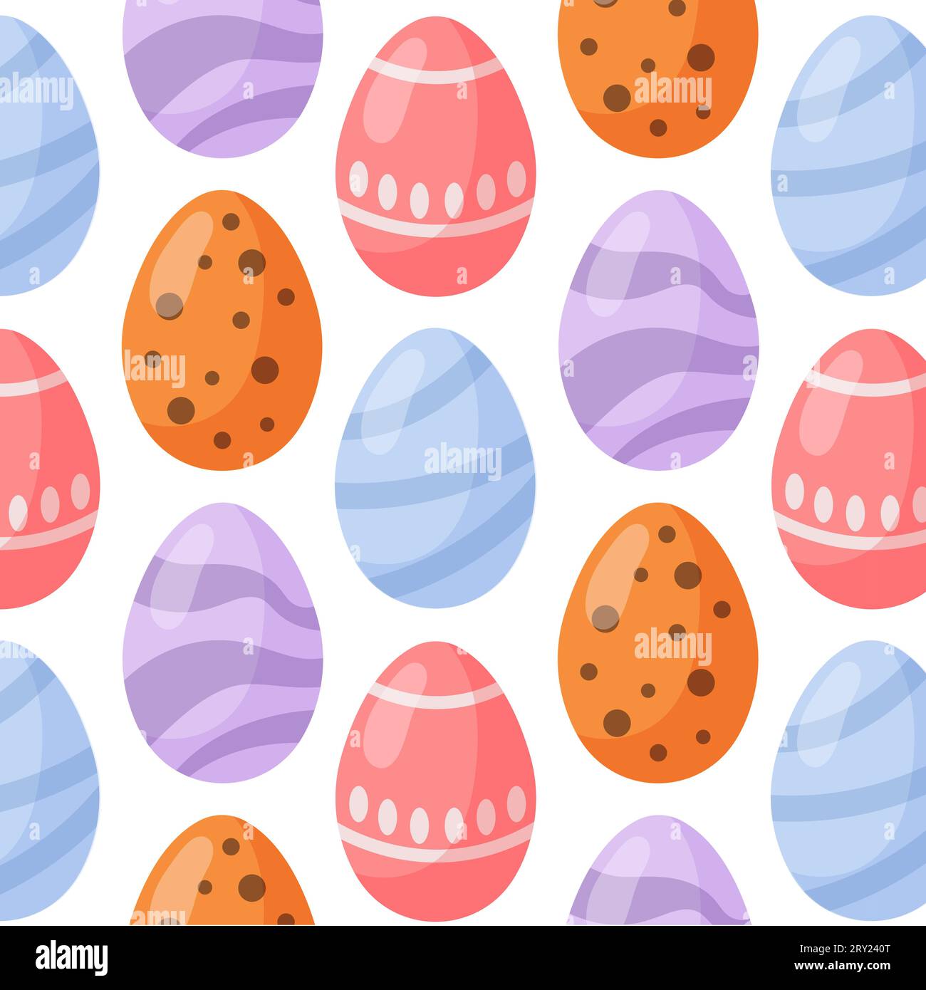 Motivo con uova di Pasqua senza cuciture per le vacanze di Pasqua su sfondo bianco. Illustrazione vettoriale disegno stile cartone animato per inviti, stampe, carta da imballaggio Illustrazione Vettoriale