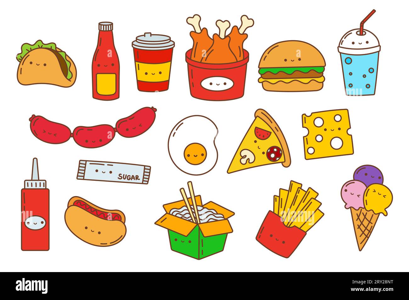 Set di fast food Kawaii Sticker. Collezione di simpatiche illustrazioni del cibo Kawaii. Illustrazione Vettoriale