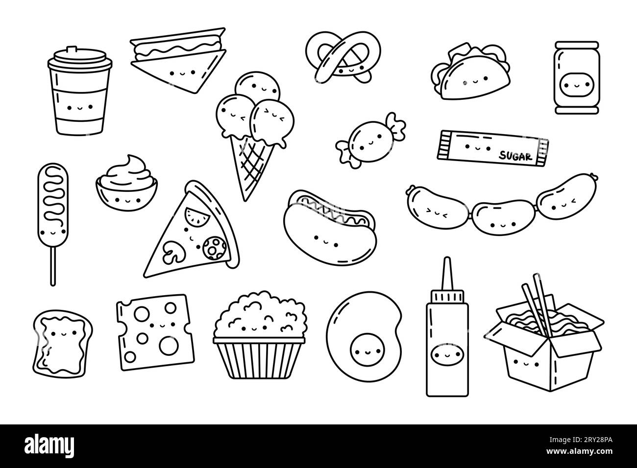 Set Kawaii Sticker Fast Food Coloring Page. Collezione carino Kawaii Fast Food illustrazioni contorno. Illustrazione Vettoriale