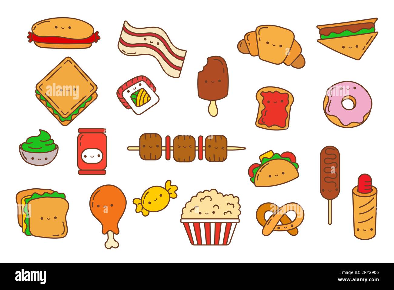 Set di fast food Kawaii Sticker. Collezione di simpatiche illustrazioni del cibo Kawaii. Illustrazione Vettoriale