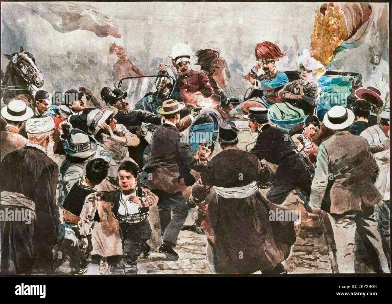 Assassinio dell'arciduca Francesco Ferdinando - assassinio di Francesco Ferdinando, 1863-1914 arciduca d'Austria, e di sua moglie Sofia, a Sarajevo, Bosnia, 28 giugno 1914 - Foto Stock