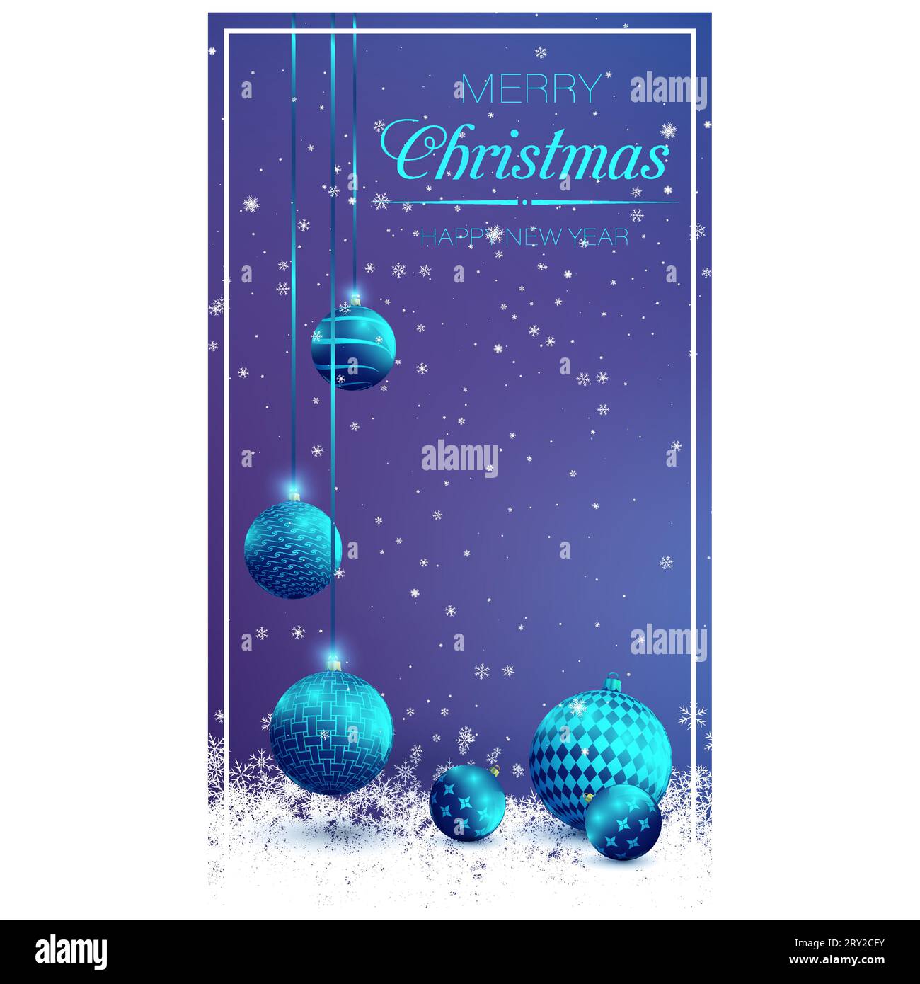 Volantino blu notturno invernale verticale con palle di neve e vetro. Design del biglietto di auguri per l'anno nuovo, invito per le festività. Decorazioni, palline di vetro lucide su blu Illustrazione Vettoriale