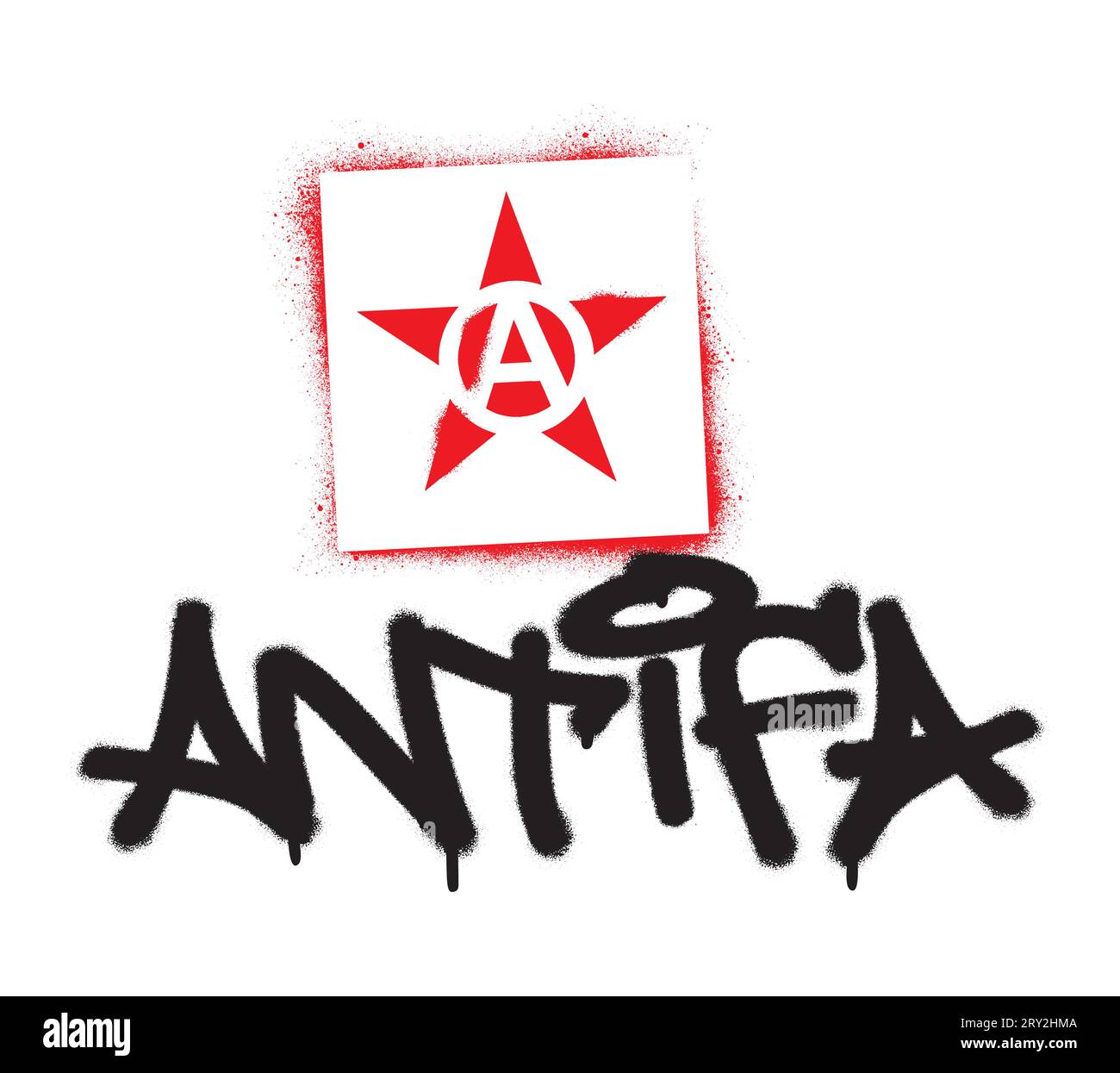 Stencil a stella rossa e graffiti con vernice spray ANTIFA tag. Nome comune per antifascisti militanti e radicali, comunisti, di sinistra e anarchici. Illustrazione Vettoriale