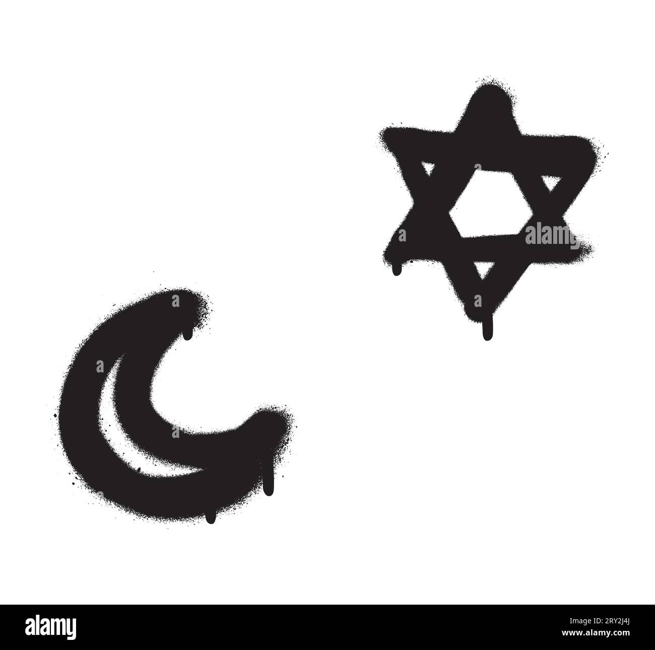 Due simboli religiosi. CRESCENT E STELLA A SEI PUNTE. Vernice spray graffiti. Illustrazione Vettoriale