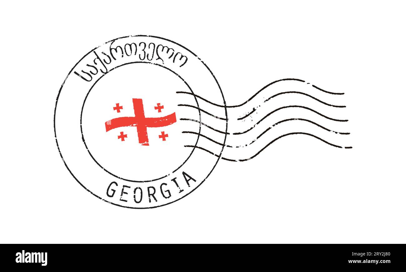 Francobollo grunge postale GEORGIA. Iscrizione georgiana e inglese. Sventolando la bandiera al centro. Illustrazione Vettoriale