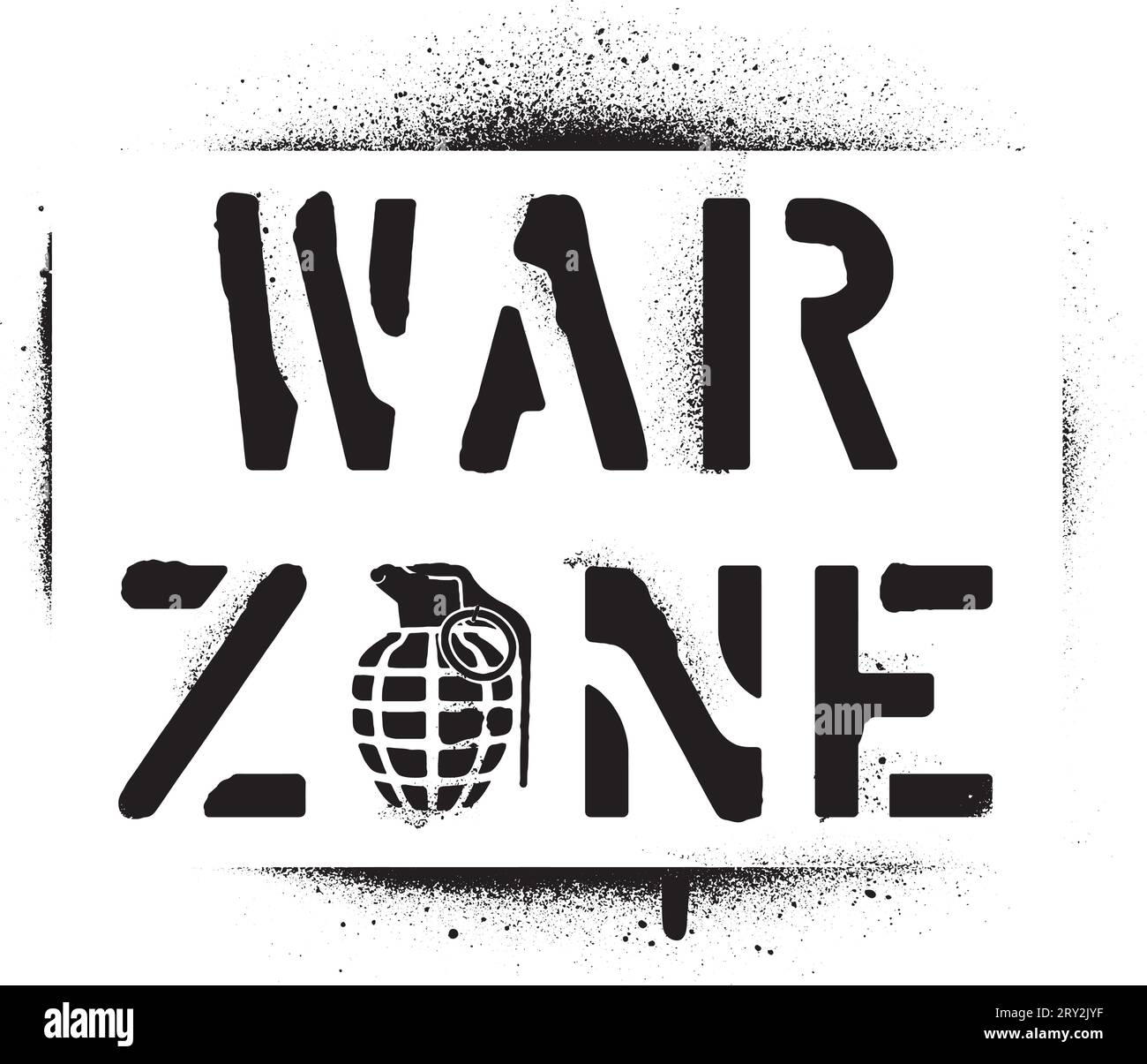 Messaggio di avvertimento "zona di guerra" e silhouette della granata a mano. Stencil per graffiti spray. Illustrazione Vettoriale