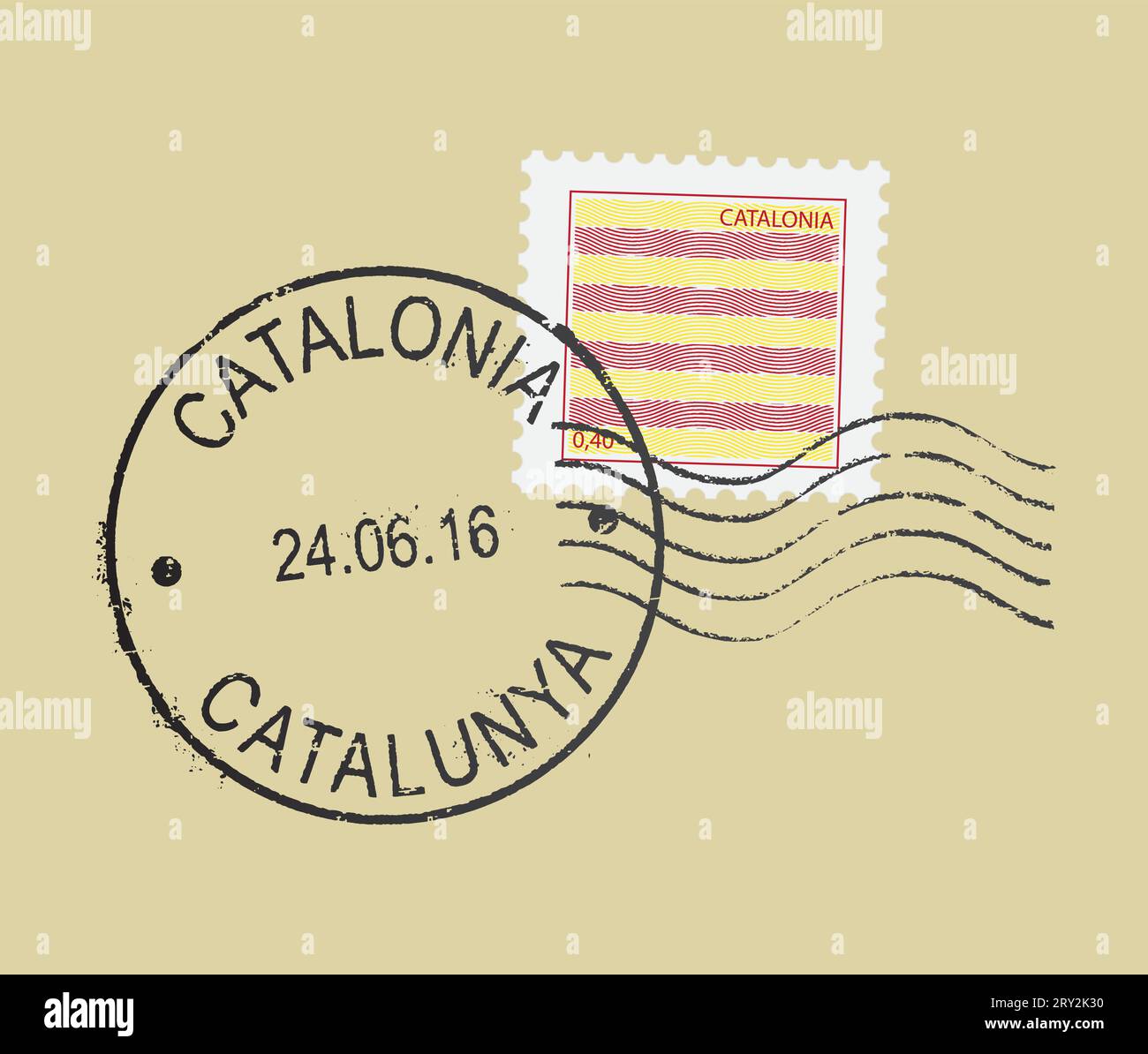 Simboli del francobollo postale ''Catalonia''. Citazione in inglese e catalano. Bandiera della regione spagnola autonoma; effetto inciso. Illustrazione Vettoriale