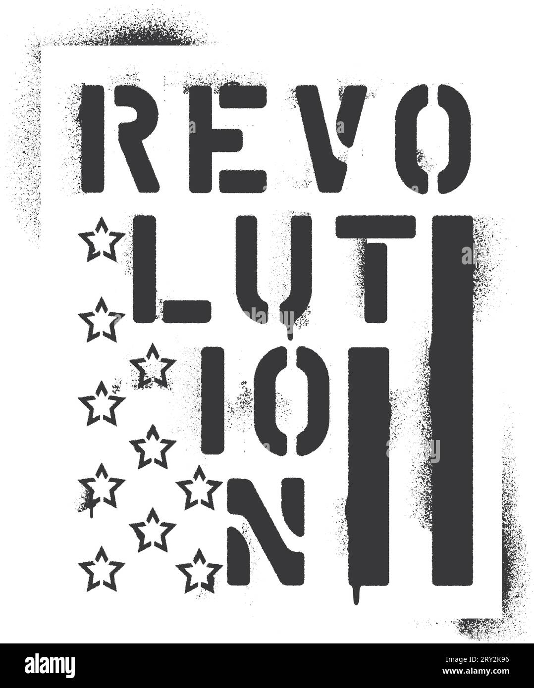 Iscrizione ''Revolution'' ed elementi della bandiera degli Stati Uniti - stelle e barre. Stencil per graffiti spray. Illustrazione Vettoriale