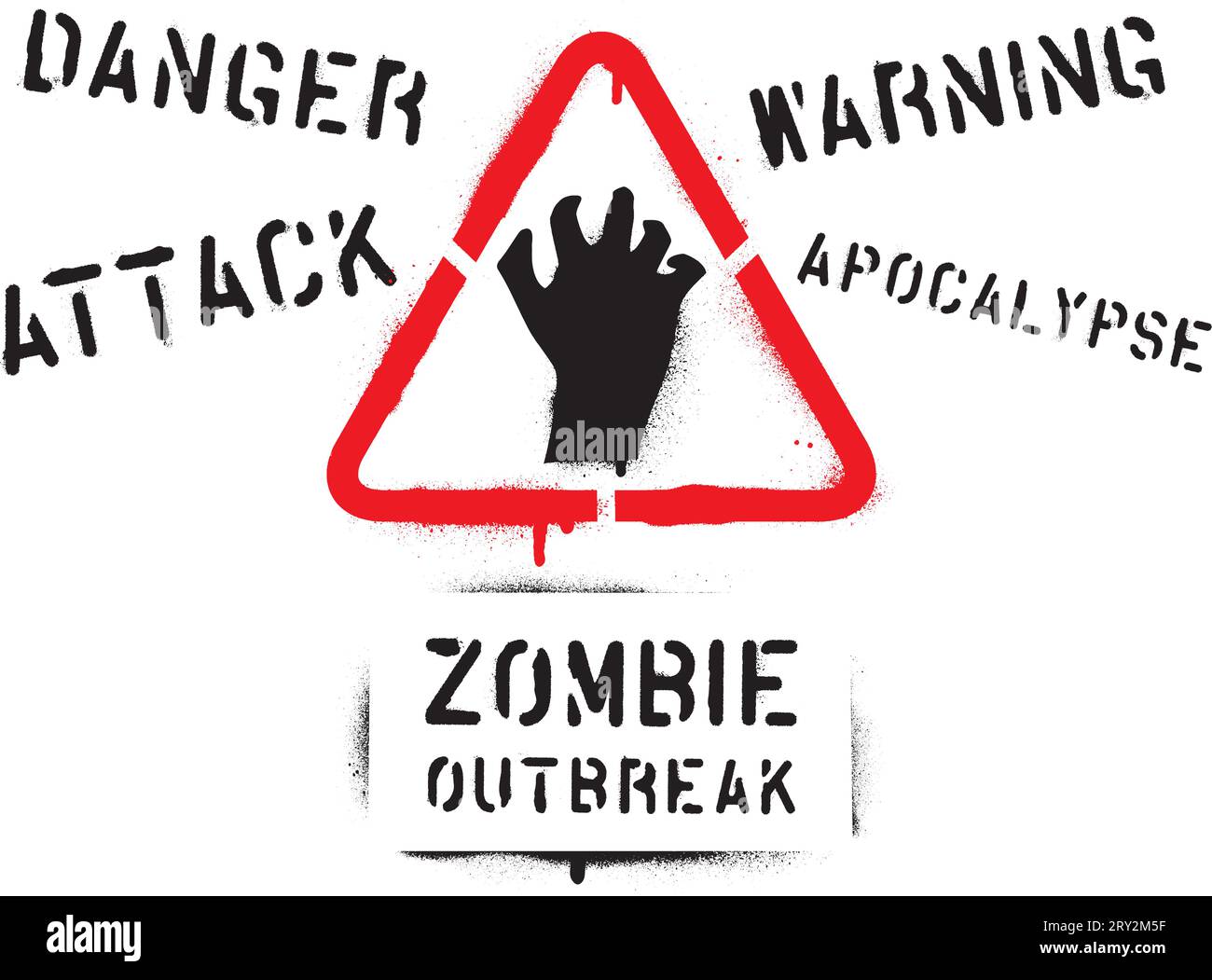 Mosse zombie e virgolette: ''pericolo'', ''attacco'', ''avvertimento'', ''Apocalisse''. Stencil per graffiti con vernice spray. Illustrazione Vettoriale
