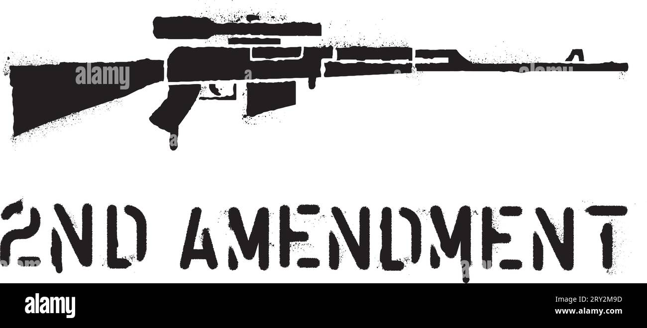 "Secondo emendamento”” citazione. Stencil per graffiti con vernice spray. Silhouette di fucile da cecchino. Illustrazione Vettoriale