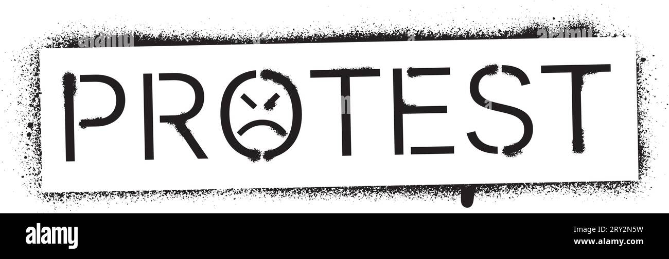 Iscrizione ''PROTESTA'' ed emoticon di volto arrabbiato. Stencil per graffiti spray. Illustrazione Vettoriale