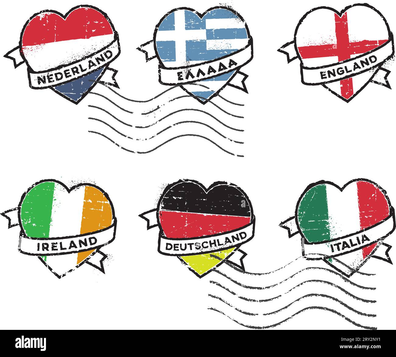 Set di francobolli postali in gomma, Paesi Bassi, Grecia, Inghilterra, Irlanda, Germania e Italia. Iscrizione in olandese, greco, inglese tedesco e italiano. Illustrazione Vettoriale