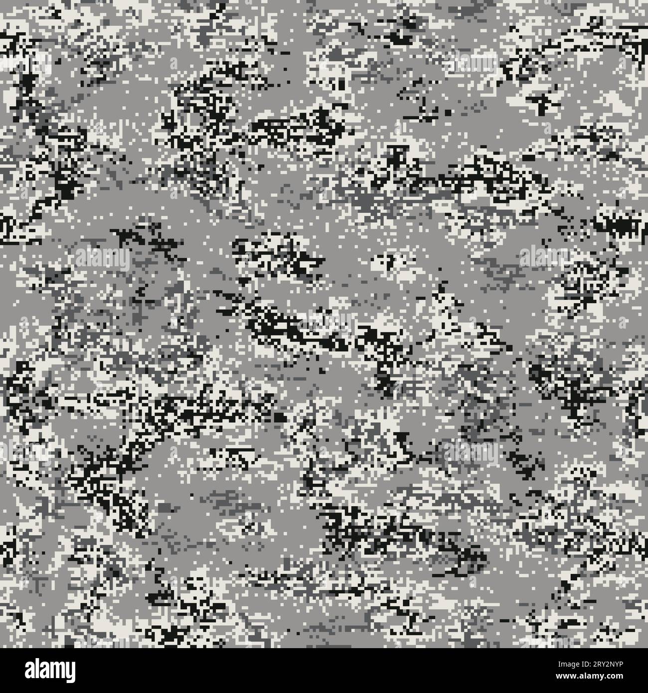 Mimetizzazione urbana digitale. Motivo senza cuciture che incorpora piccoli pixel di nero, bianco e grigio scuro su sfondo grigio chiaro. Illustrazione Vettoriale