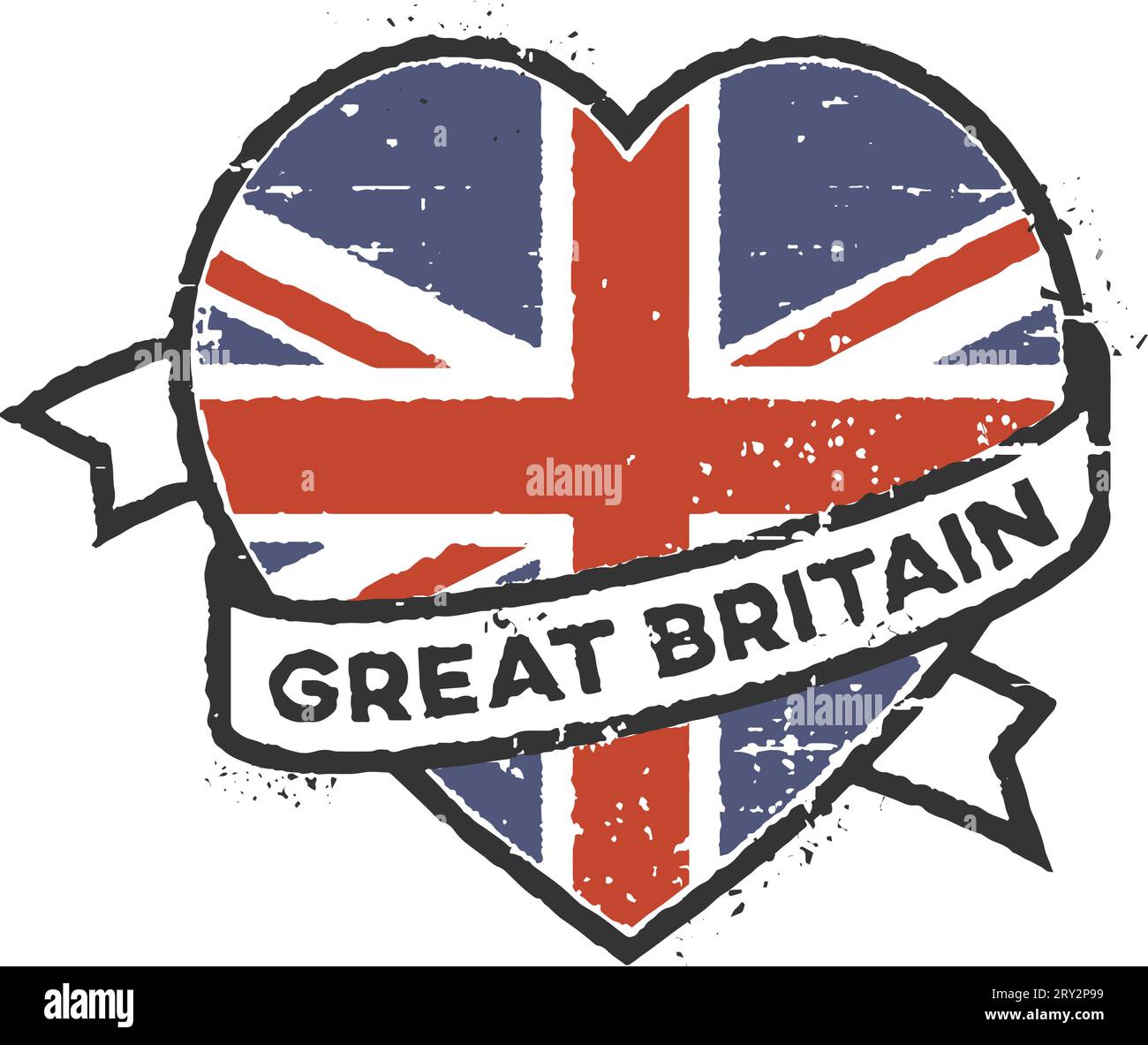 Timbro di gomma per la Gran Bretagna. Un nastro avvolto intorno al cuore con la bandiera britannica. Illustrazione Vettoriale