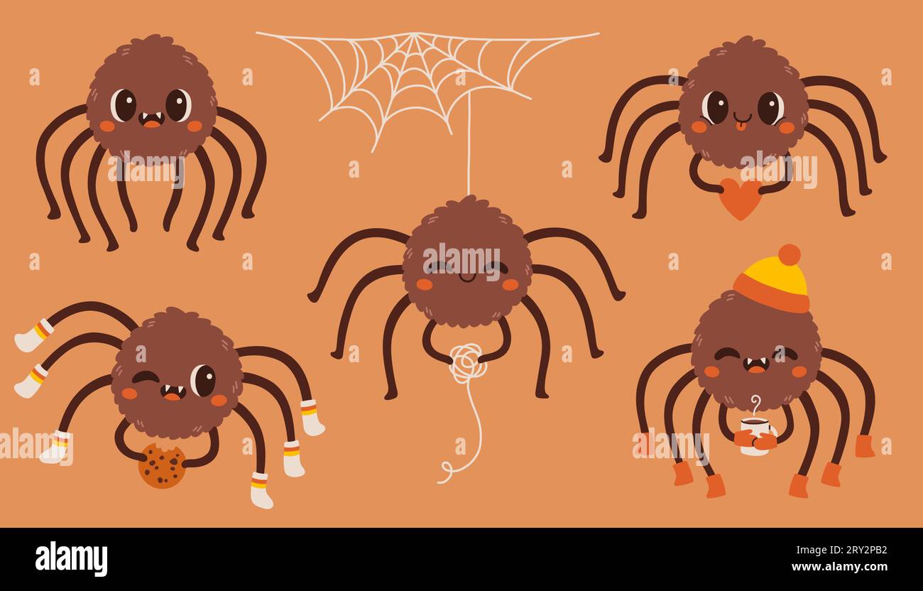 Set di ragni per Halloween. Set di mascotte Cartoon Spider. Set di ragni per adesivi di Halloween Illustrazione Vettoriale