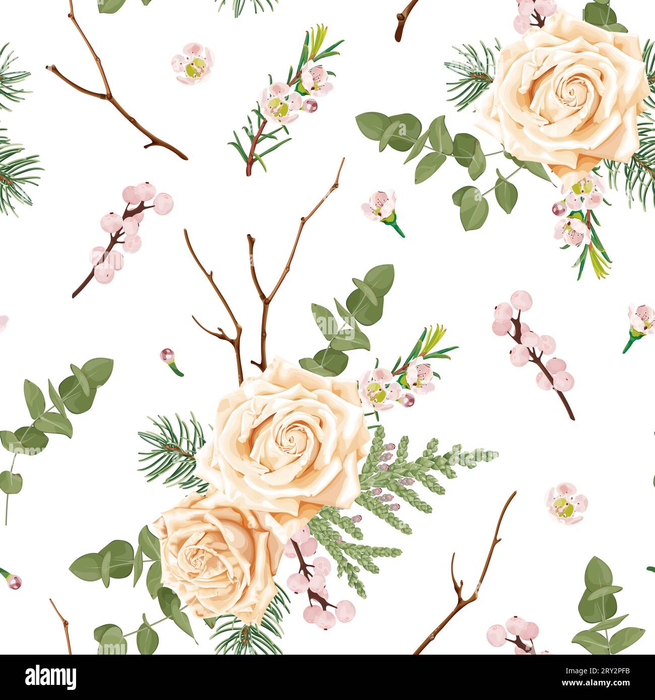 Motivo natalizio senza cuciture con rose beige, bacche rosa e fiori, thuja, eucalipto, abete. Decorazioni per matrimoni. Illustrazione Vettoriale