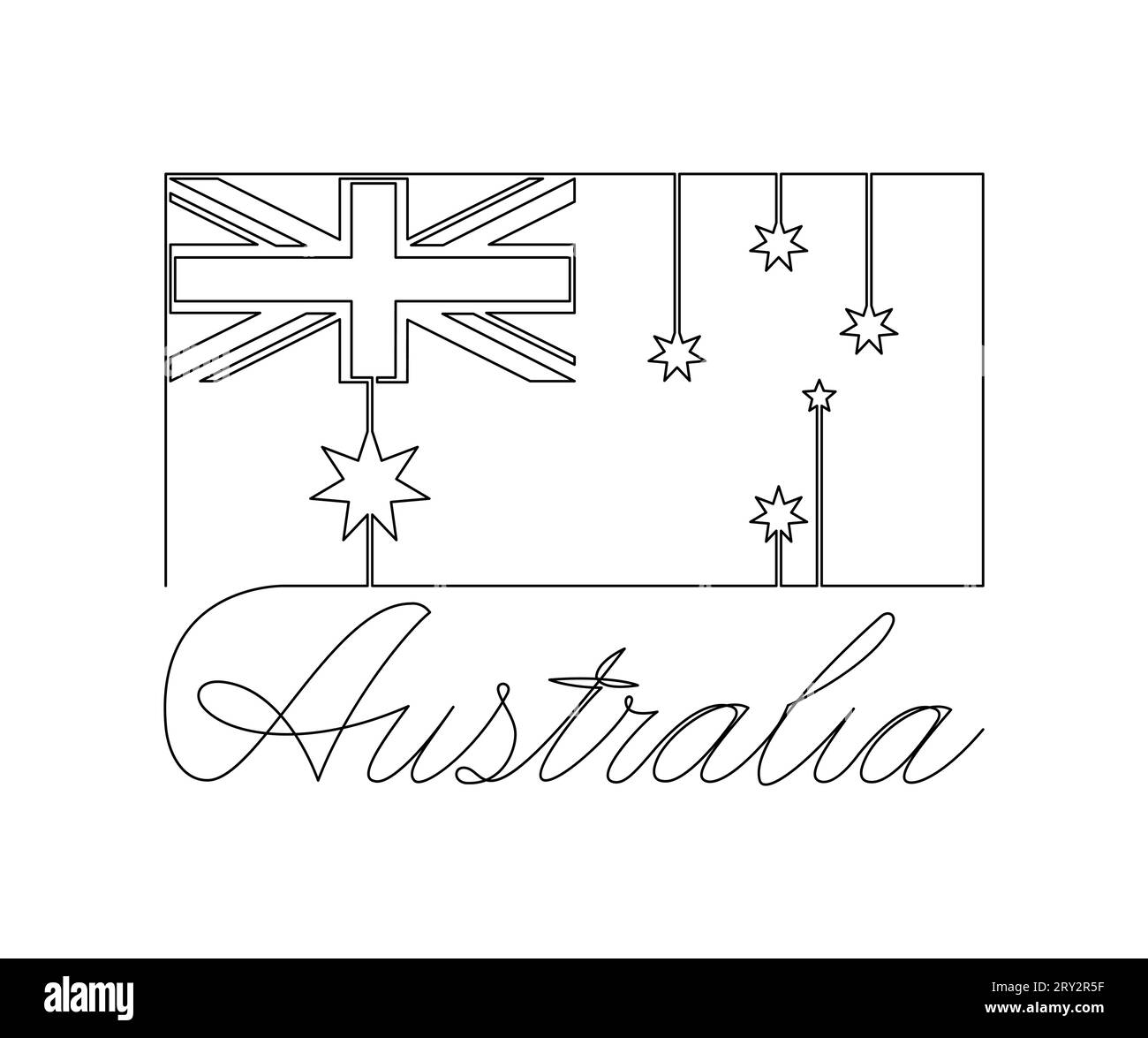 Bandiera australiana e iscrizione scritta a mano AUSTRALIA. Disegno continuo a una linea. Concetto patriottico di unità. Illustrazione Vettoriale