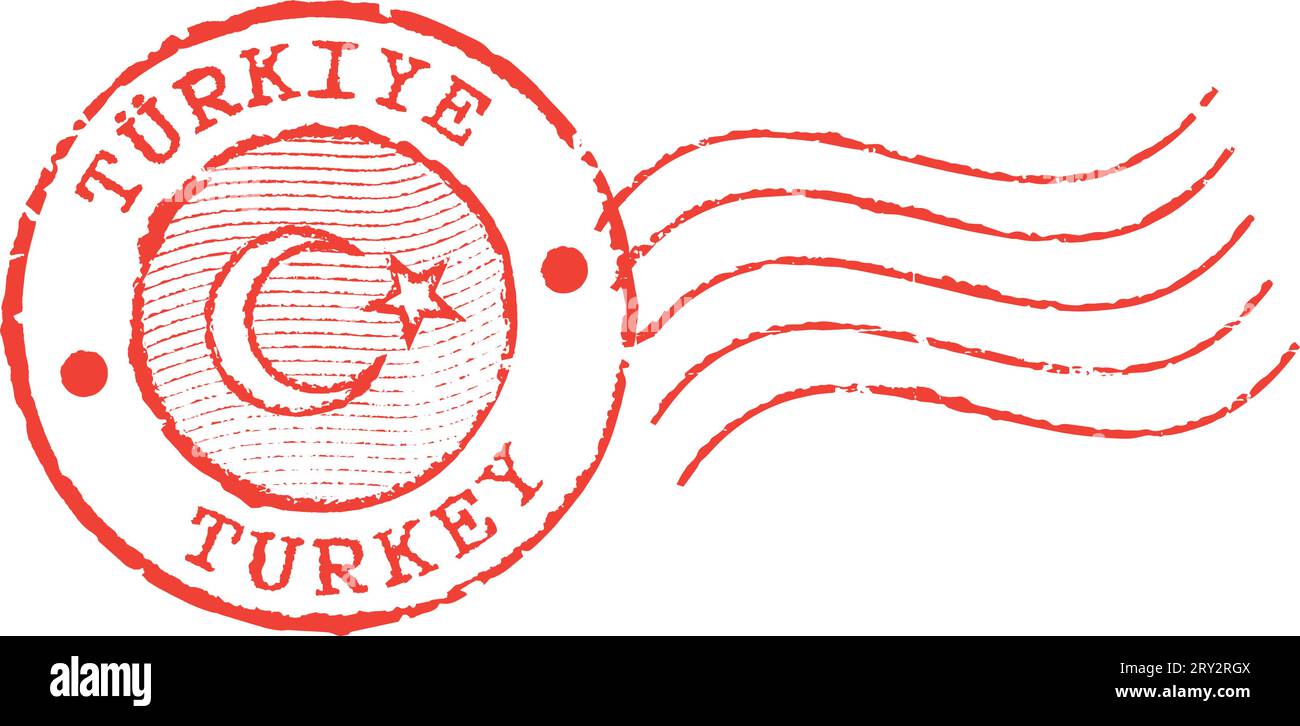 Francobollo postale "Turchia”. Iscrizione in turco e inglese. Consistenza grunge sporca. Illustrazione Vettoriale