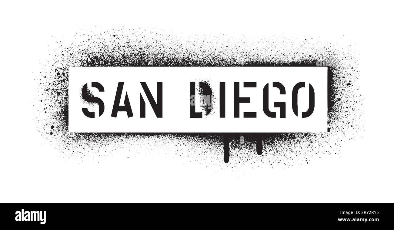 Citazione di SAN DIEGO. Città nello stato americano della California. Costa occidentale. Stencil per graffiti spray. Sfondo bianco. Illustrazione Vettoriale